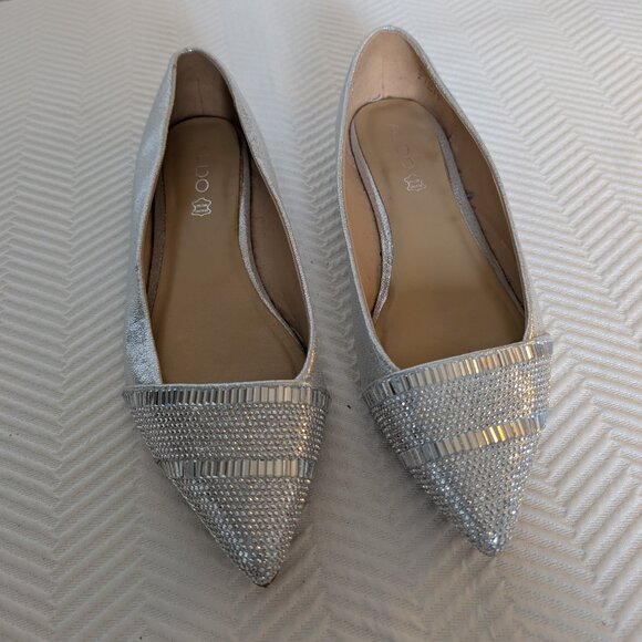 Aldo Silver Sparkle Pointy Toe Flats Size 9 Rhinestone Embellished Wedding - Picture 1 of 9